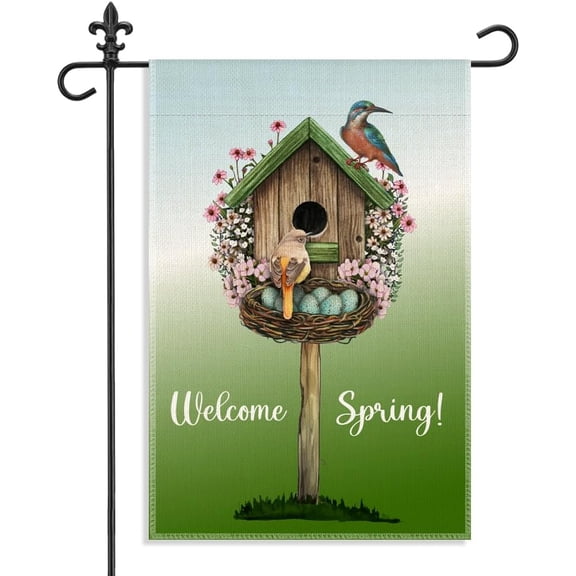 Welcome Spring Birdhouse Garden Flag 12.5 x 18 Inch Double Sided, Floral Bird Nest Yard Flag for Outdoor Farmhouse Porch Patio Lawn Garden Spring Decor