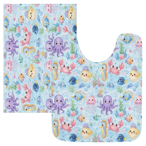 2PCS Bathroom Rug Set Non Slip Absorbent U-Shaped Toilet Mat & Rectangular Mat Cute Colorful Marine Life