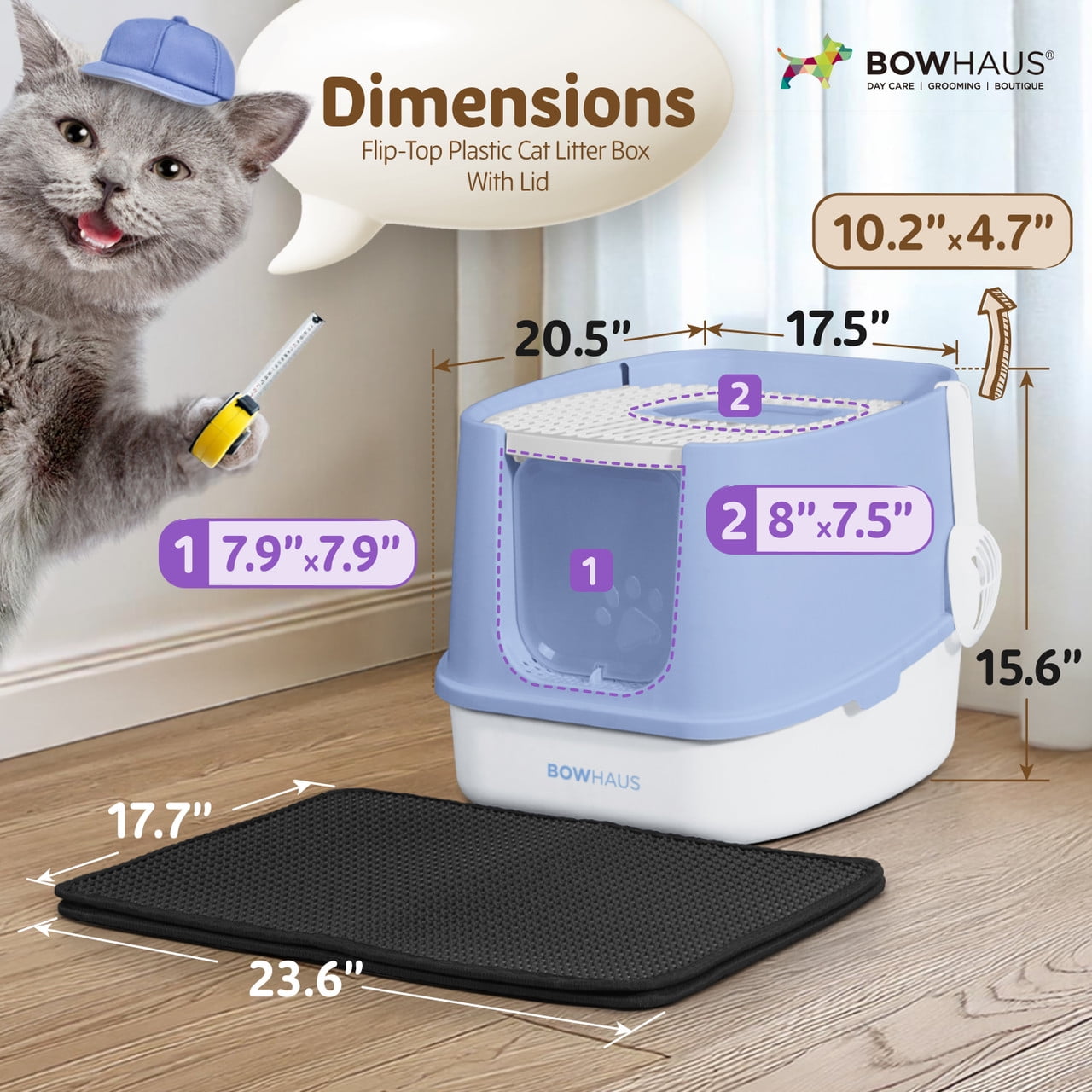 CAPHAUS Fully Enclosed Cat Litter Box with Double Door, Large Space Anti-Splashing Cat Toilet with Scoop, Cat Mat & Odor Fitter, Plastic Cat Litter Box w/ Lid, Lockable Front Door, Blue