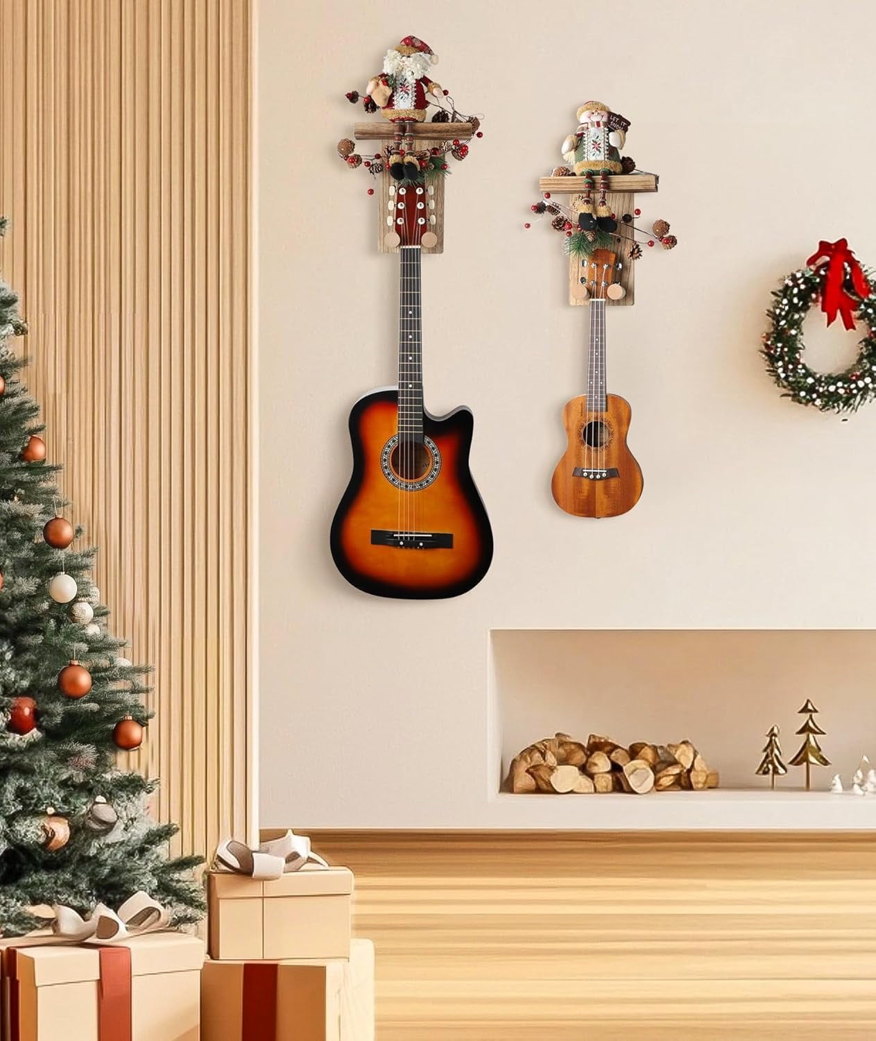 SONGAUN Guitar Wall Mount with Shelf,2Pack Wooden Guitar Holder Hanger Hook Multifunctional Rack Bracket Stand Easy Install for Electric Guitar Bass Acoustic Ukulele Violin Mandolin
