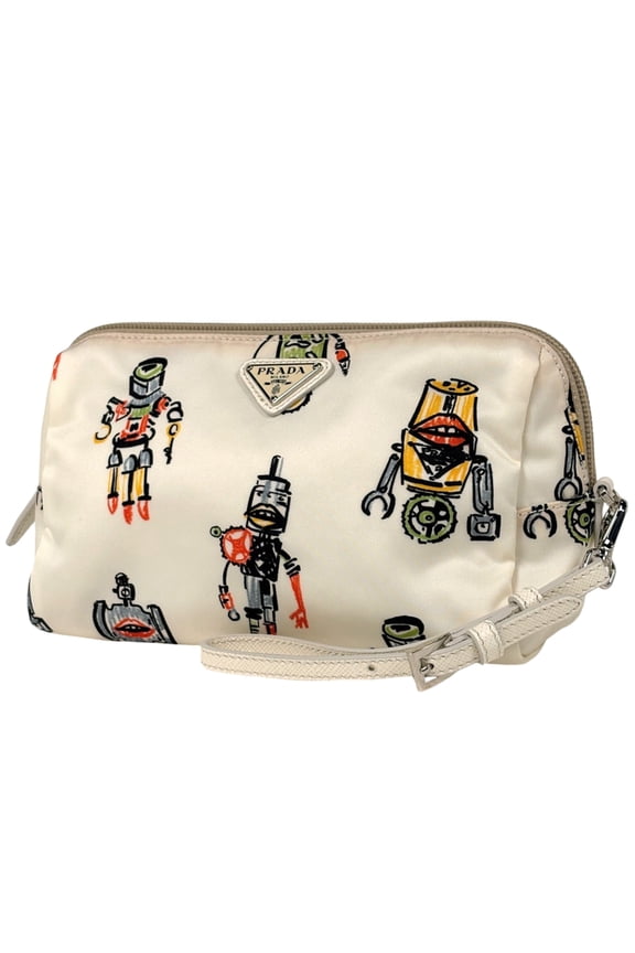 Pre-Owned Prada Robot Cosmetic Pouch with Logo Plate, Tessuto Nylon, White, 1NE693, Women's