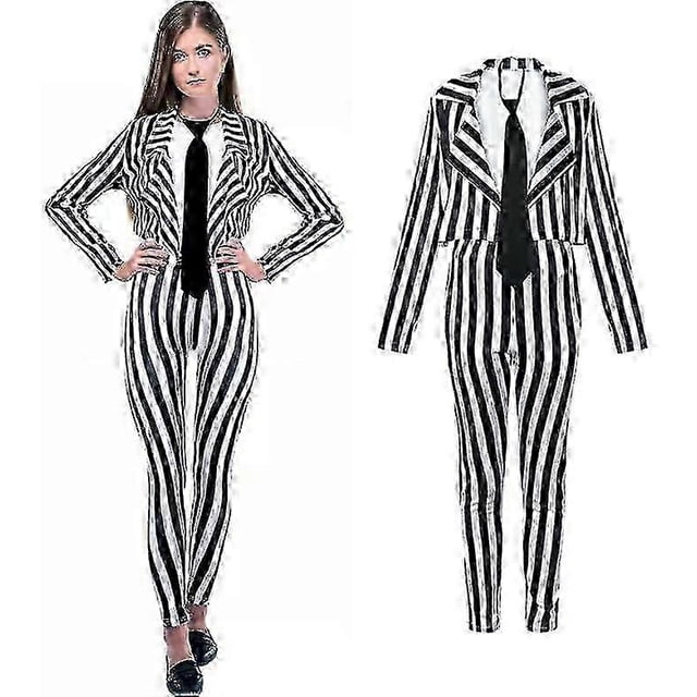 Halloween Horror Scray Cosplay Role Play Black White Vertical Stripes Suit For Women