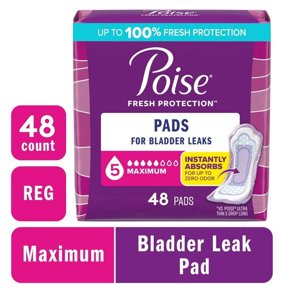 Poise Incontinence Pads for Women, 5 Drop Maximum Absorbency, Regular Length, 48 Count