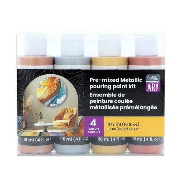 UNIQUE CREATIV ART Metallic Pouring Paint Kit, 4 × 118 mL (4 oz), Pre-Mixed