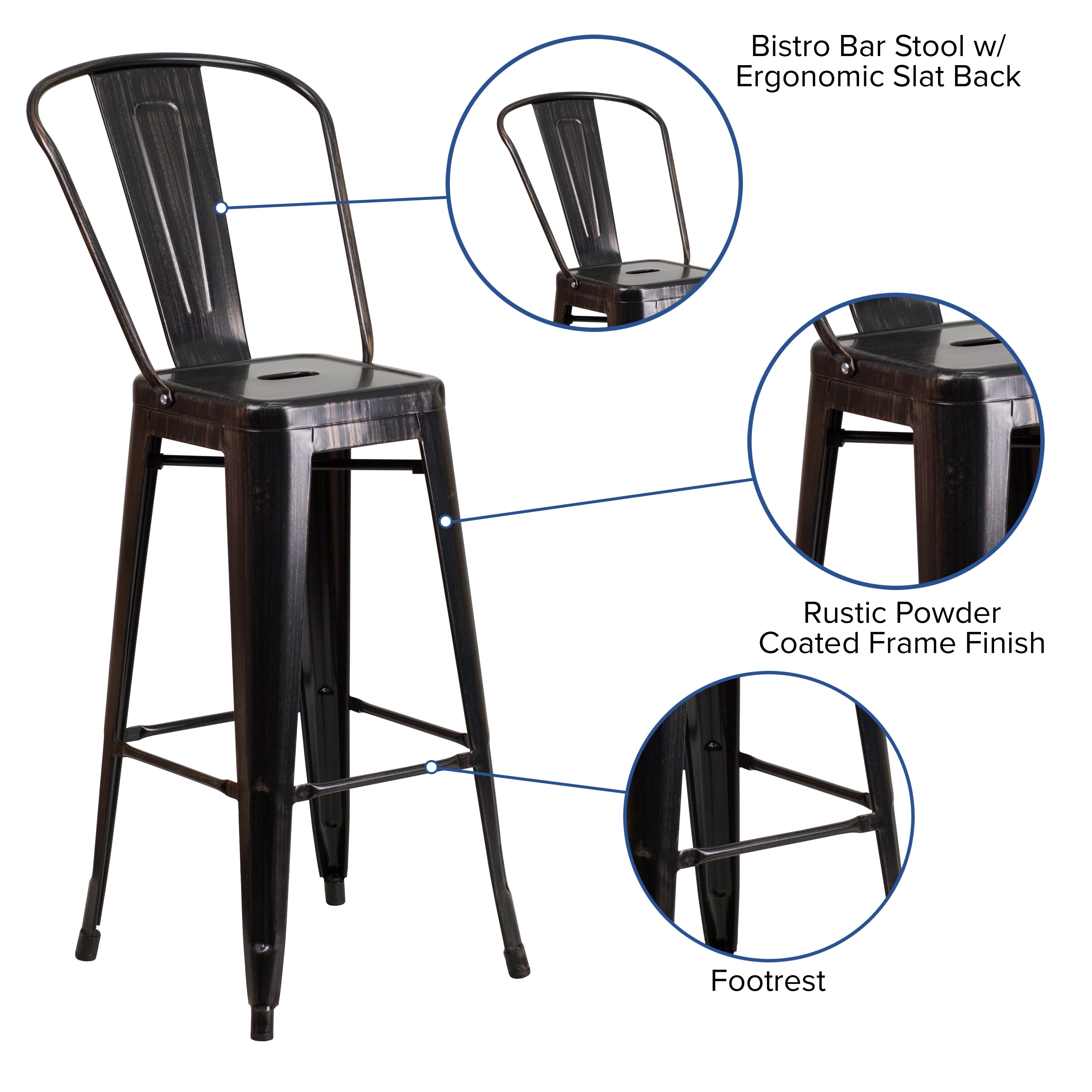 Flash Furniture Lily Commercial Grade 4 Pack 30" High Black-Antique Gold Metal Indoor-Outdoor Barstool with Removable Back