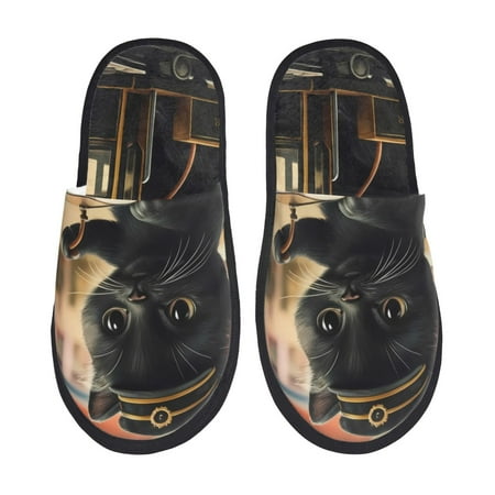 Balery Adorable Kitten On Mini Train Slient Indoor Furry Fleece Comfort House Shoes Soft Non-Slip Home Shoes Cotton slippers House Slippers-- Medium