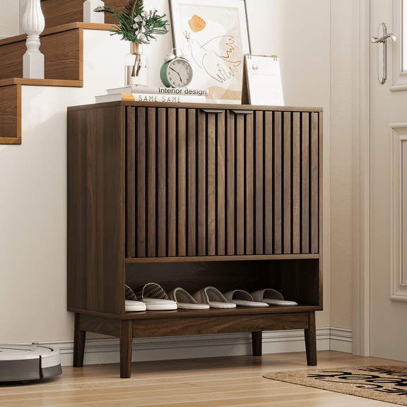 Semiocthome Shoe Cabinet with Slatted Doors, 4 Tier Shoe Cabinet Storage for Entryway, Walnut