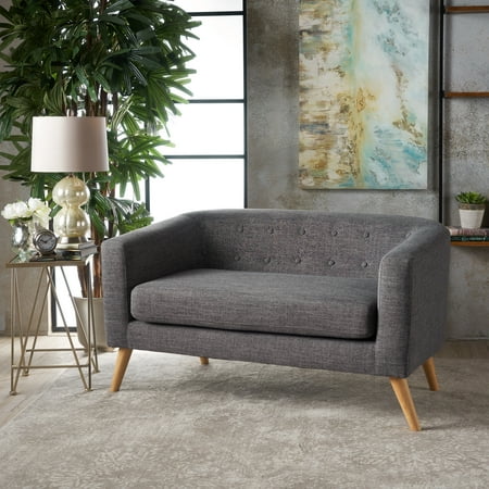 Modern Lines Modern Loveseat - Noble House Addilynn Mid Century Modern Button Back Fabric Loveseat, Grey