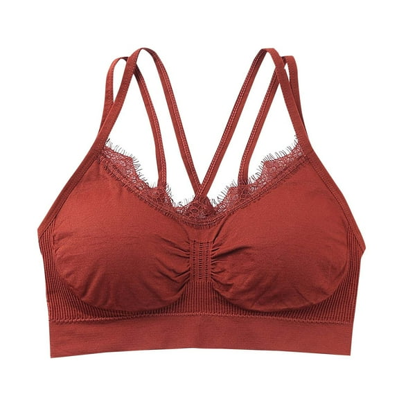 YUGYXL Sports Bras for Women Cross Straps Lace Underwear Bra Full Coverage Everyday Bra Padded Bralettes Lounge Bra Red Free Size