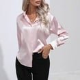 thumbnail image 4 of Womens Button Down Blouses Summer Solid Color Satin Lapel Long Sleeve Fashion Smock Tops Workwear, 4 of 5