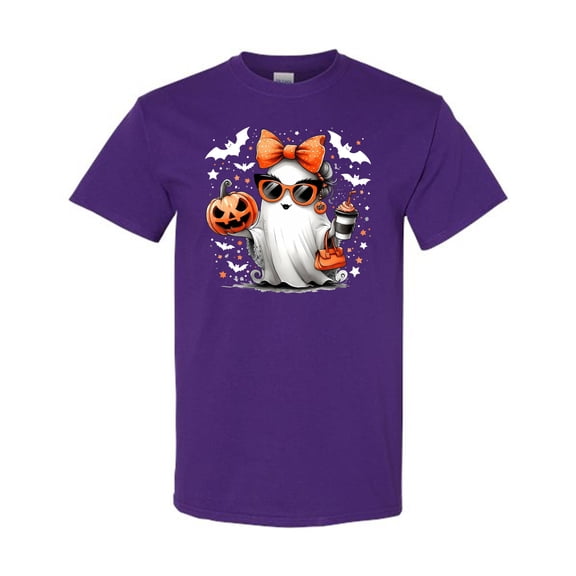 Bougie Halloween Ghost T-Shirt, Cute Ghost with Sunglasses Bow Pumpkin Coffee Tee, Spooky Season Fashion Shirt for Women, Halloween Gift