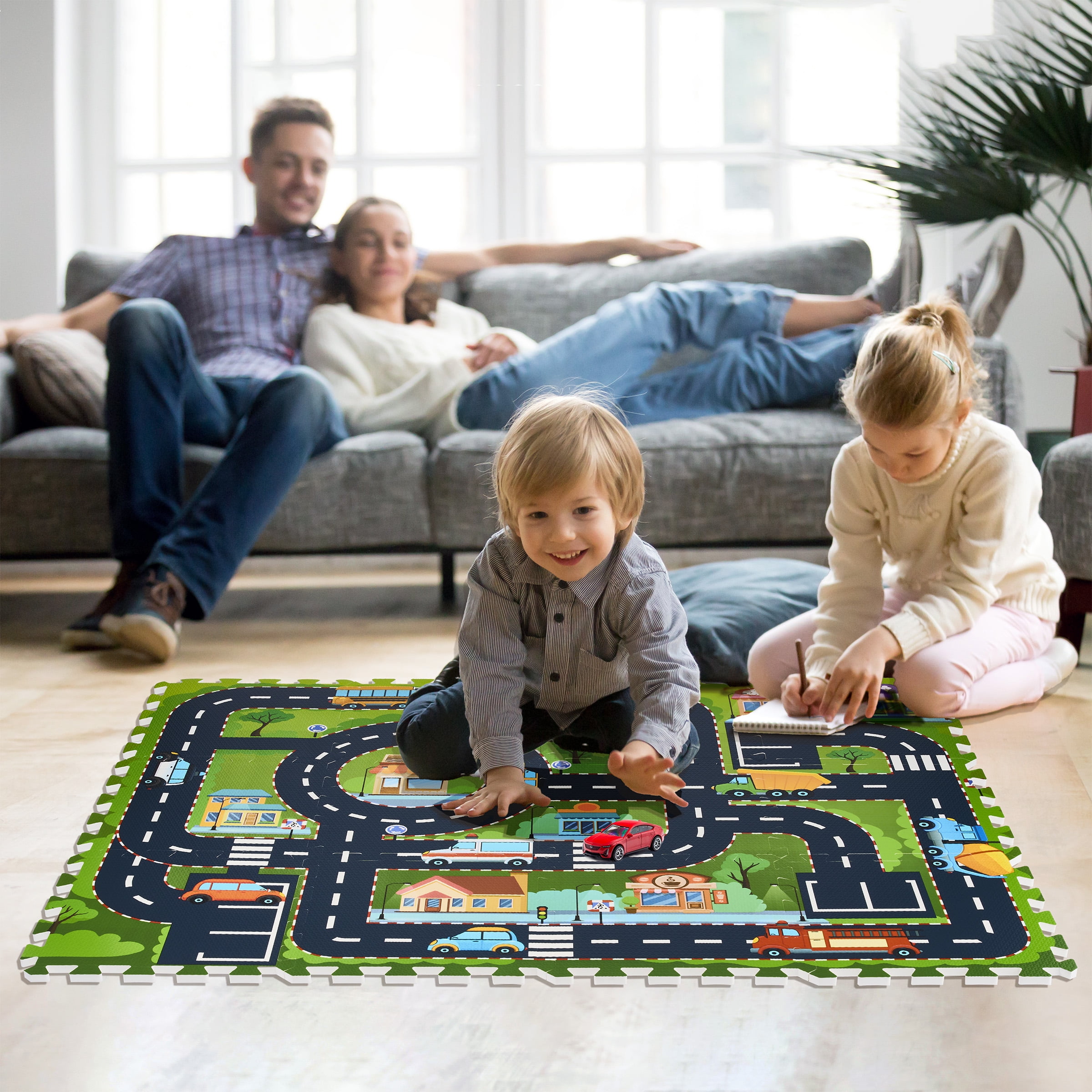 Sorbus Foam Playmat for Kids - Traffic Play Mat for Babies - Interlocking Floor Mats City Road Design - Track Play Rug for Children - Educational Playmat Rug Squares for Toy Cars & Trucks (12 Tiles)
