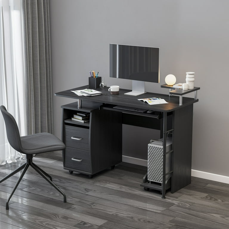 Solid Wood Computer Desk, Office Table with PC Droller, Storage Shelves and File Cabinet , Two Drawers, CPU Tray - Black
