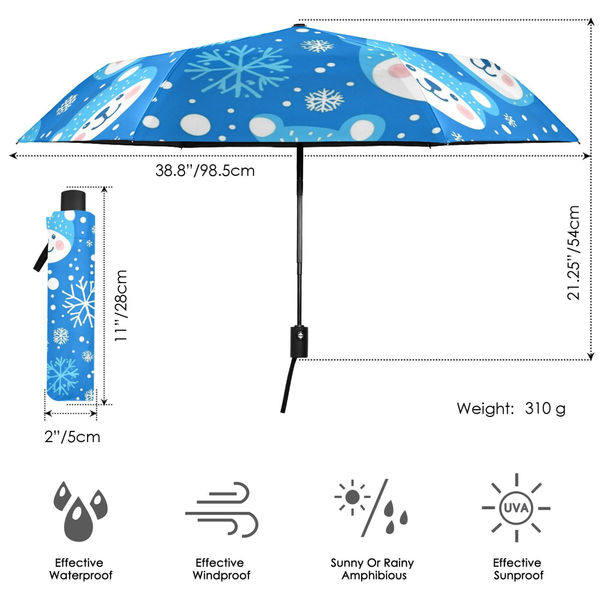FORMRS Travel Umbrella Folding Auto Open Close Windproof Rain UV Protection, Blue Bears