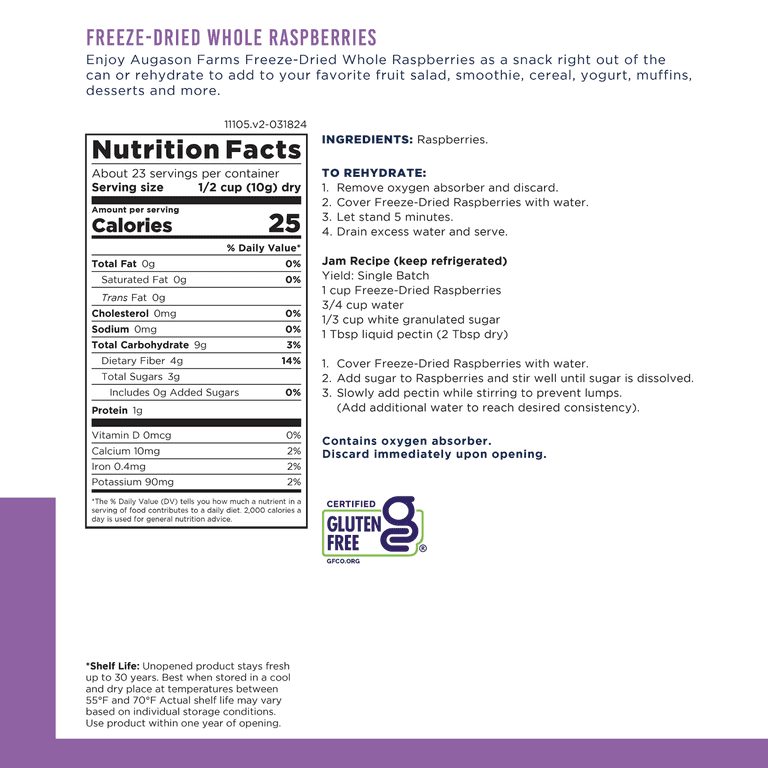 Free Shipping! Augason Farms Freeze Dried Whole Raspberries 8 oz