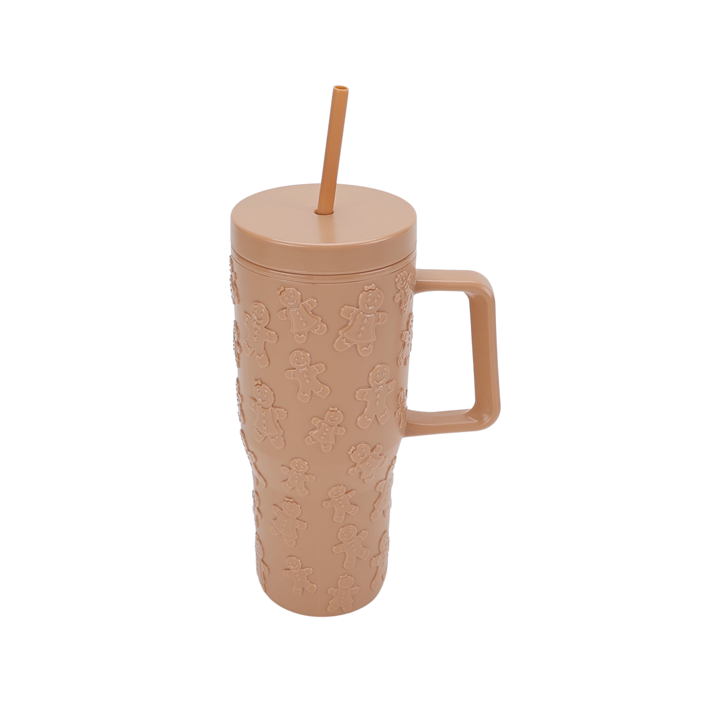 30 Ounce Tan Acrylic Double Wall Embossed Gingerbread Tumbler with Straw and Handle, by Holiday Time