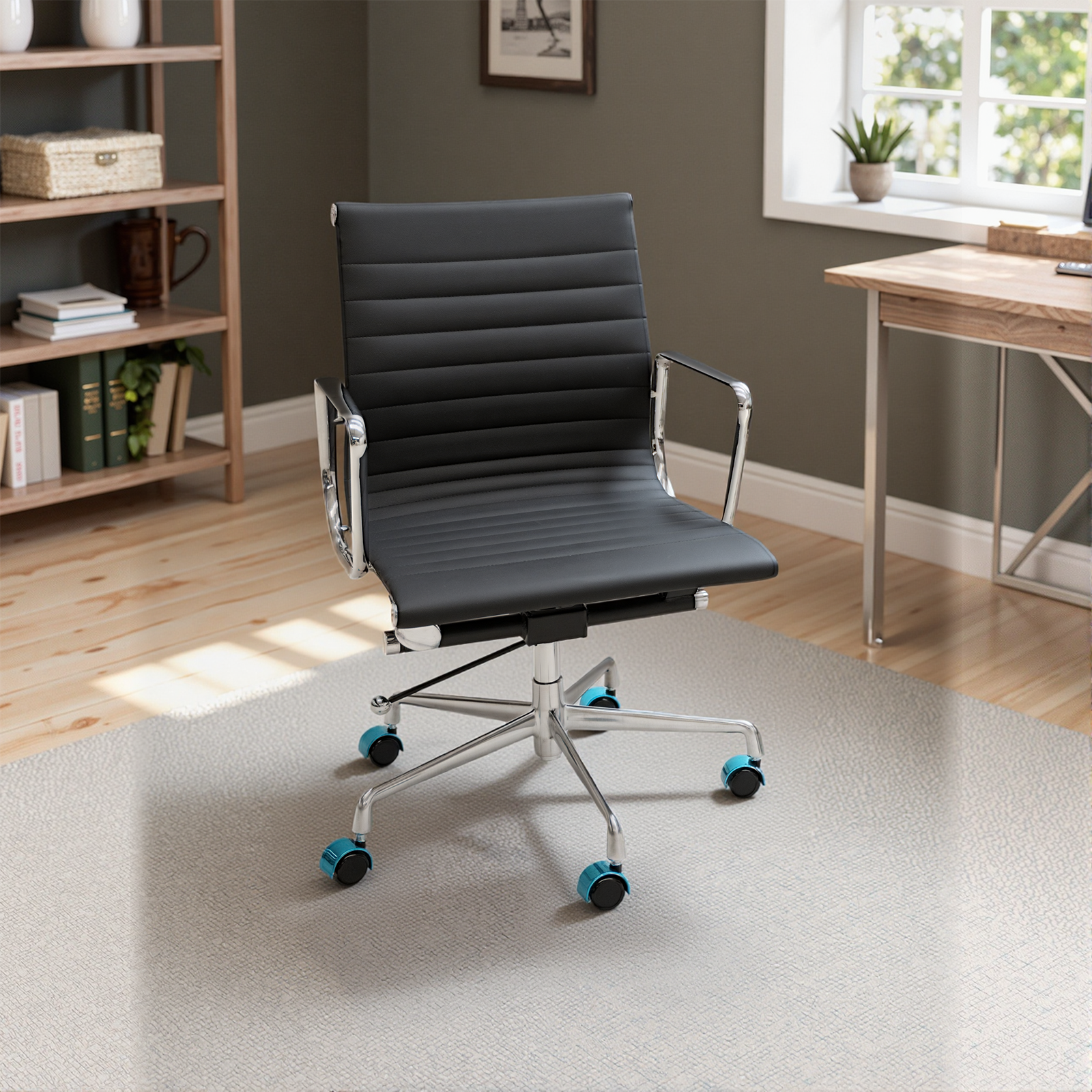 Genuine Leather Swivel Desk Office Chair, Adjustable Aluminum Base Conference Chair for Home Office