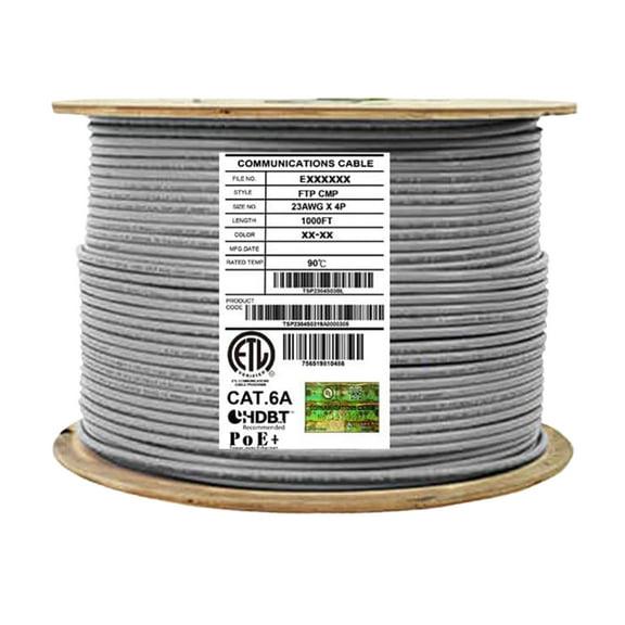 Infinity Cable CAT6A 10G Shielded Solid Plenum FTP 100% Pure Copper, 1000Ft. Bulk Cable Reel, Gray