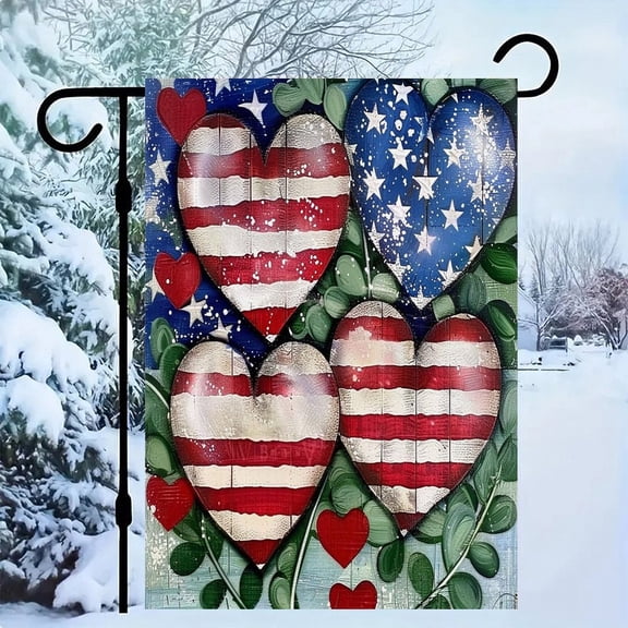 RKSupls Patriotic Linen Double Sided Garden Flag, Independence Day Themed Yard Decor, American Flag Hearts Vines Outdoor Banner for Holiday Lawn