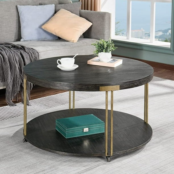 Round Industrial Coffee Table, 2Tier 35" Metal Frame Round Accent
