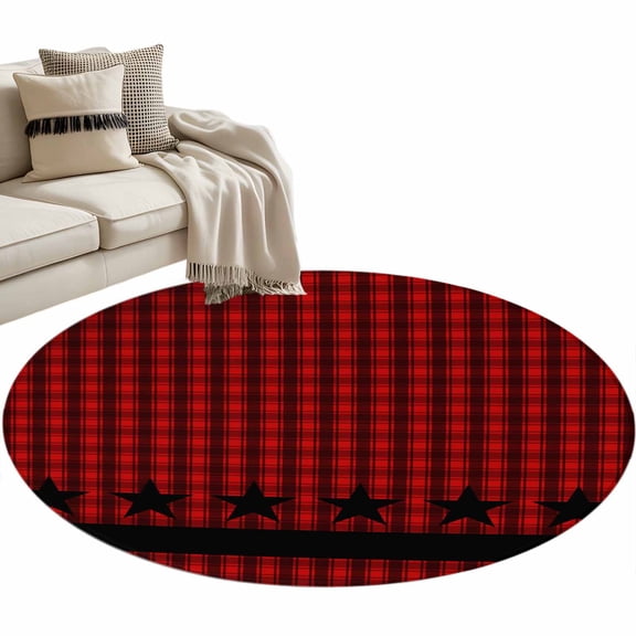 Round Area Rug 4ft Black Stars Buffalo Plaid Floor Carpets Indoor Floor Area Mat Stain-Proof Mat Circle Rugs for Living Room Dining Room Kitchen Bedroom, Red Checkered Sofa Throw Carpet