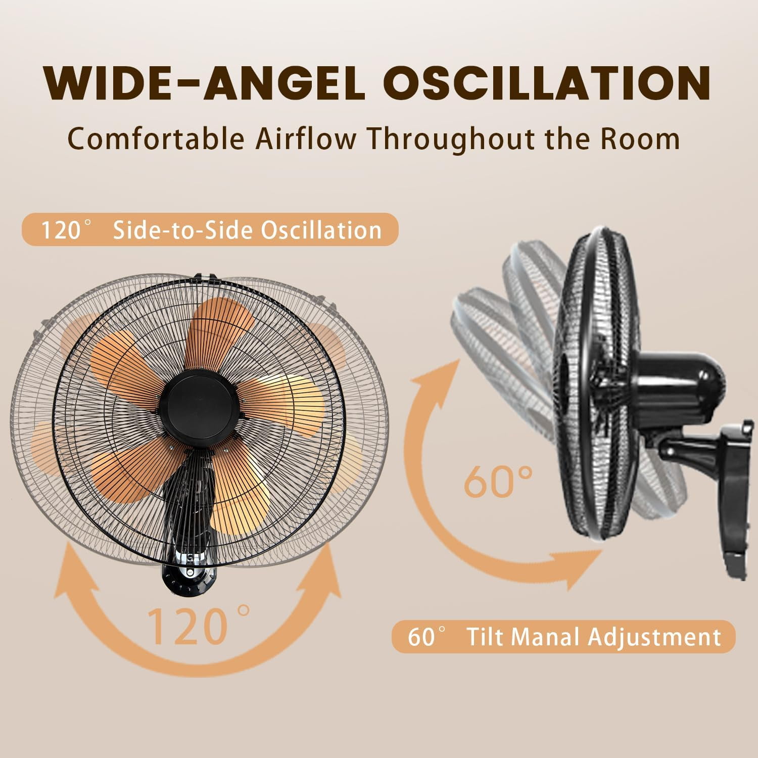 Wall Mount Fan 20 Inch with Remote, 3-speed Wall Oscillating Quiet Fan with 5 Metal Blades, Adjustable Tilt and Timing, High Velocity Fans for Bedroom, Gym, Office, Warehouse, Garage, Gold