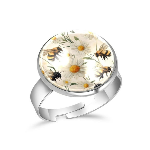 PhooArto Bees Daisy Pattern Stainless Steel Rings for Women, Open Adjustable Ring Promise Ring Jewelry Gifts