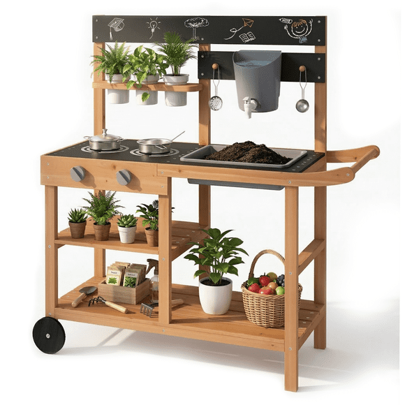 OLAKIDS Mud Kitchen, Outdoor Play Kitchen with Wheels 3 Cups Removable Sink Cooking Accessories Wooden Kids Kitchen Playset Backyard Garden Toys Gift for Boys Girls Ages 3+