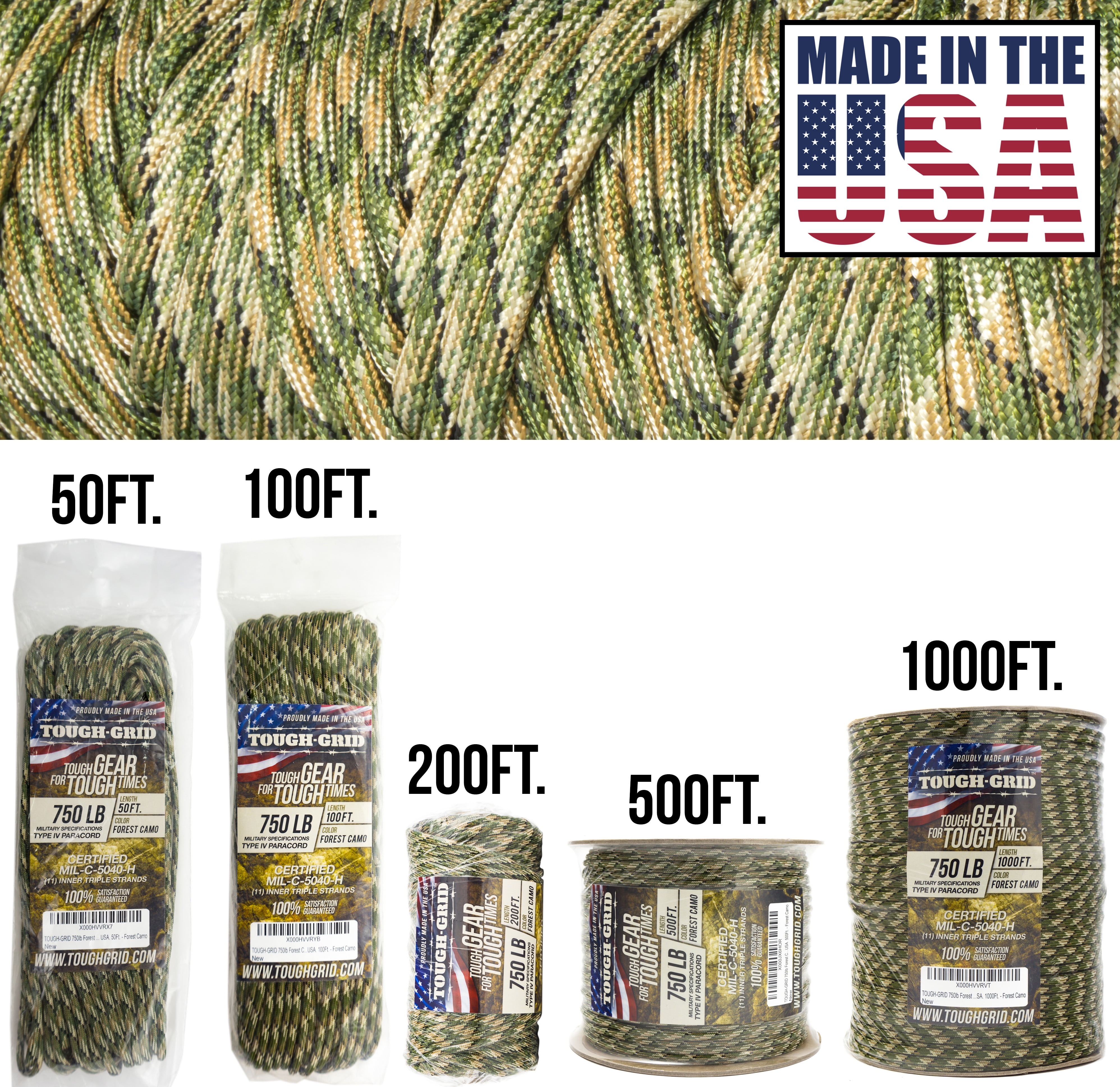 TOUGH-GRID 750lb Forest Camo Paracord / Parachute Cord - 100% Nylon Mil-Spec Type IV Paracord Used by The US Military, Great for Bracelets and Lanyards, 200Ft. - Forest Camo
