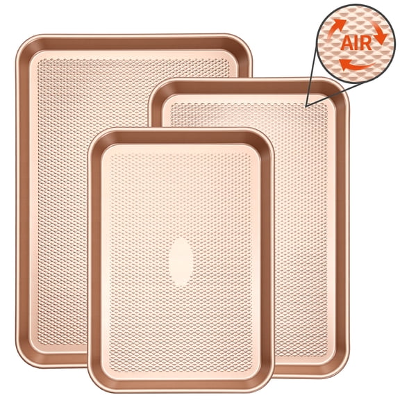 Baking Sheet Set, Nonstick Diamond-Texture Carbon Steel, Stackable, Easy Clean, Champagne Gold, 3-Piece, Up to 12.6x17.5 Inches