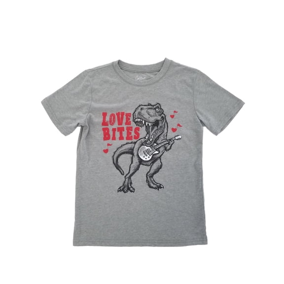 Boys Gray Love Bites T-Rex Dino Electric Guitar Valentines Day T-Shirt Medium