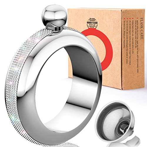 BOKIN Bracelet Bangle Flask 304 Stainless Steel with Handmade Crystal Funnel in Gift Box for Women Girls Dance Birthday Party Club Bar 3.5oz Silver 