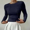 thumbnail image 4 of Women'S Long Sleeve Shirts Slim Fit Crew Neck Fall Clothes Exposed Seams Ribbed Basic Tops Navy Blue M, 4 of 5