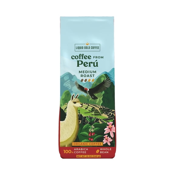 Liquid Gold Organic Coffee from Peru, Whole Beans Medium Roast, 1 Bag 12 oz (340 Grams), Fairtrade, Single Origin Specialty Coffee, 100% Arabica Beans, Sourced From El Palto Farm, Roasted Fresh in US