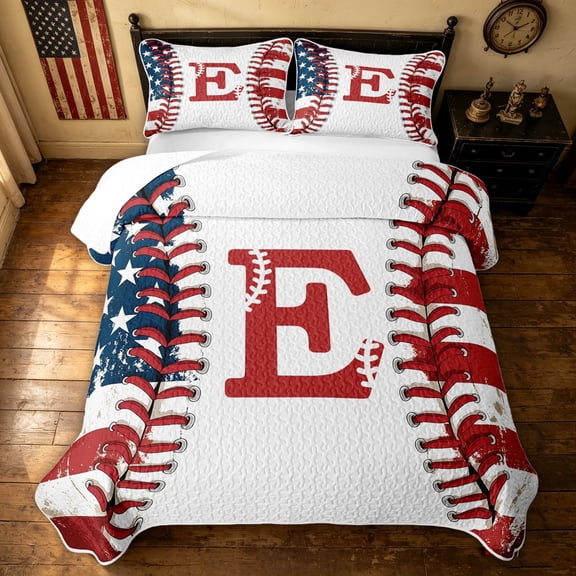meiyoeat Initial E Letter Twin Quilt Set for Boys, USA Flag Baseball Sport Twin Coverlet Set, 2 Pieces, 1 Comforter and 1 Pillowcase