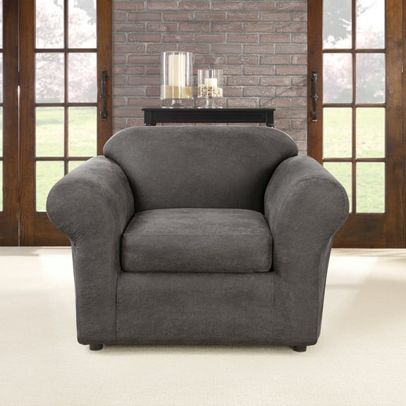 SureFit Ultimate Stretch Leather 2 Piece Chair Slipcover, Box Cushion Cover, Antiqued Slate