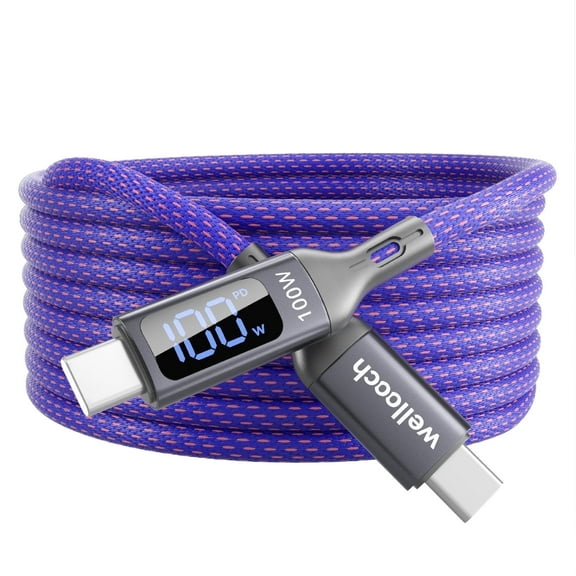 100W USB C to USB C cable with Intelligent Current Chip & Digital Display, Cloth Braided Fast Charging & Data Transfer Cable, 6ft-Purple