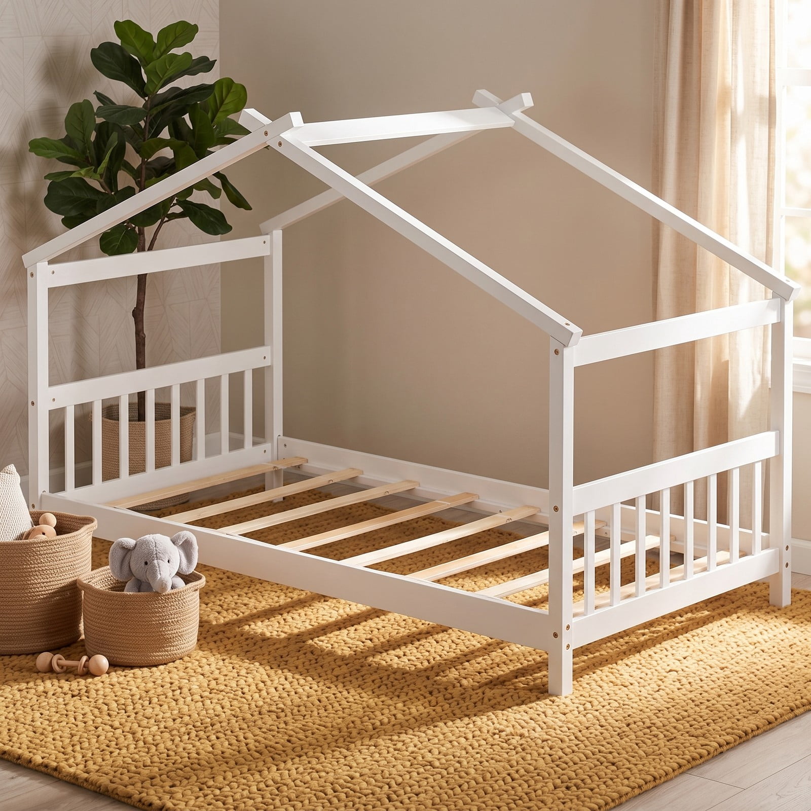 Furnibear Twin Size Wooden House Bed Frame with Roof and Half Rails for a Kids Boys and Girls Toddler Montessori Bedroom, White