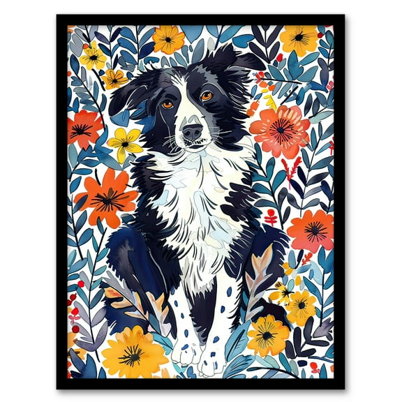 Artery8 Border Collie Flower Field Dog Lover Watercolour Living Room Art Print Framed Poster Wall Decor 12x16 inch