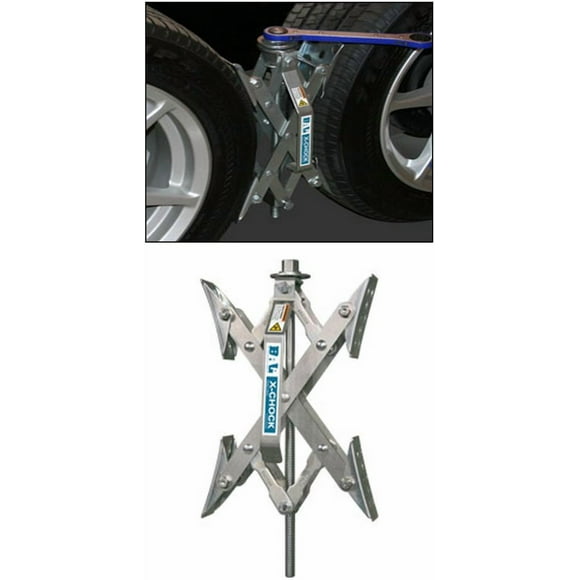BAL Cale de Roue de VR 28012 X-Chock; pour Pneus Tandem; Type Ciseaux; Argent; s'Ouvre de 1-3/8 Po à 10 Po; Verrouillable; Revêtement Inoxydable; avec Clé à Cliquet; Ensemble de 2