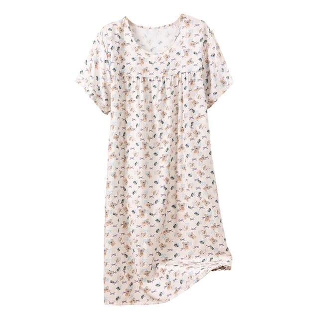 Chemise de Nuit pour Femmes, Manches Courtes à Col Rond Imprimé, Robe d'Allaitement, Rayonne Spandex Douce, Robe de Détente Longueur Genou