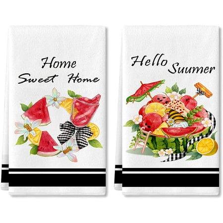 

Watermelon Gnome Kitchen Towel 2 Pack Hello Sunmmer Sweet Home Quotes Tea Dish Towels Absorbent Drying Cloth Tea Towels for Cooking Baking 18 x 28 Inch