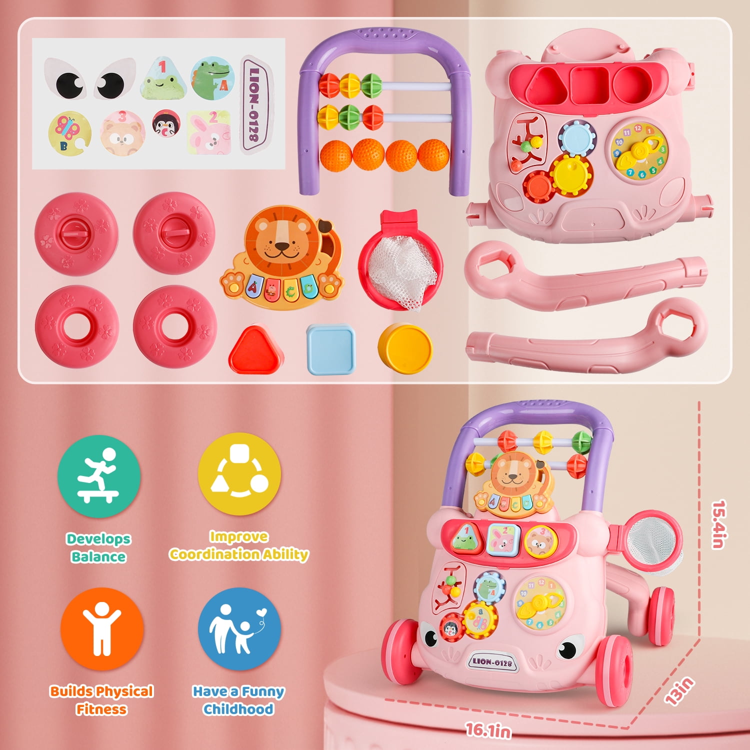 Flooyes Baby Push Walker Toys, Sit to Stand Toddler Learning Push Toys for 6-18 Months, Baby Walking Toys 6-12 Months,Early Learning Push Toys for Toddlers ,Pink