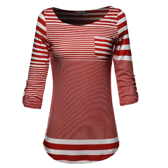 FashionOutfit Women's 3/4 Sleeve Contemporary Stripe Boatneck Top w/ Front Pocket