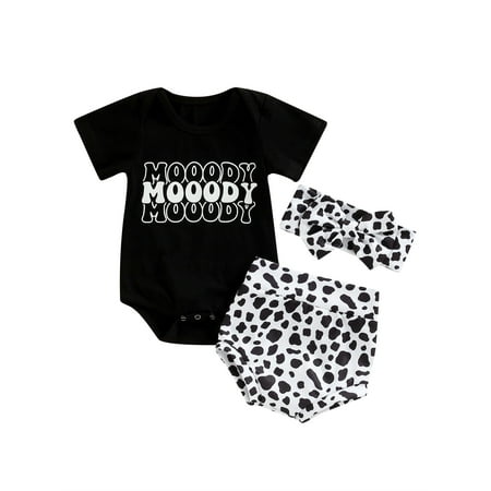 

Sunisery Newborn Baby Girls Summer Outfits Black Short Sleeve Romper Cow Print Shorts Headband Clothes Black 12-18 Months