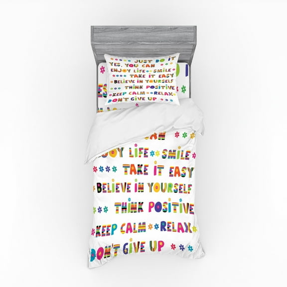 Colorful Duvet Cover Set, Motivational Slogans with Cheerful Funny Typography Design with Daisy Blossoms, Bedding Set with Shams and Fitted Sheet, 3 Sizes, by Ambesonne