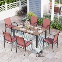Sophia & William 7 Piece Patio Dining Set Teak Dining Table and 6 Red Textilene Chairs