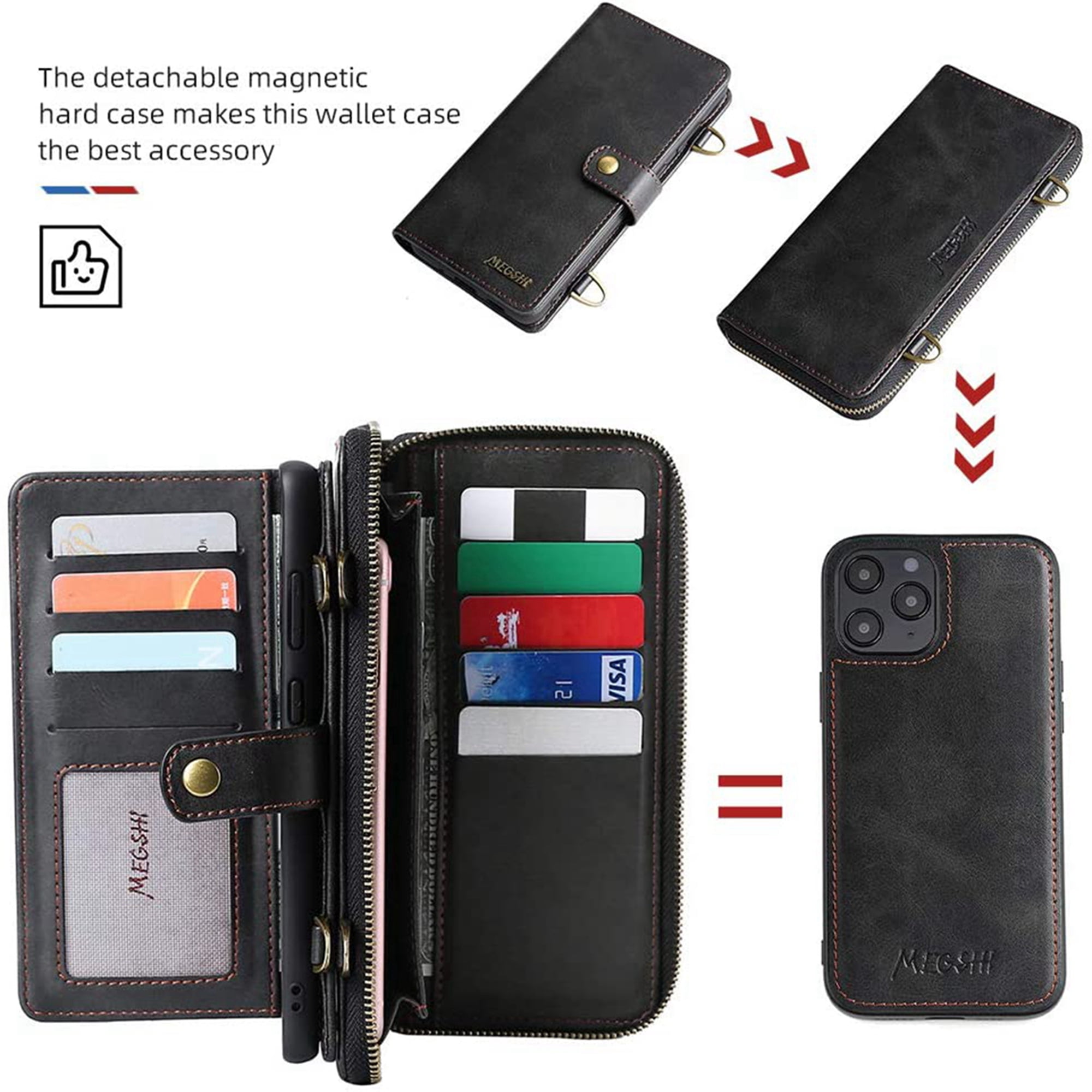 Dteck Wallet Case for iPhone 12 Pro / iPhone 12 6.1-inch, 2 in 1 Magnetic Detachable Wallet Purse [Crossbody Chain] Durable PU Leather Zipper Handbag Folio Flip Card Slot Protection Back Cover, Black