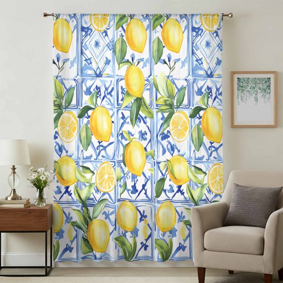 Yellow Lemon Sheer Curtains 72 Inches Long, Botanical Spring Leaves Abstract Blue Tile Light Filering Curtains, Breathable Simi Curtain Privacy Drapes for Living Room Bedroom Window Treatment
