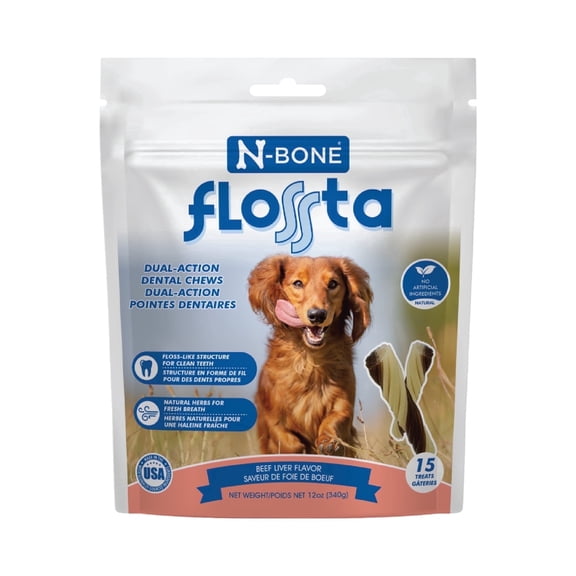 N-Bone FLOSSta® Dental Chews for Dogs, Beef Liver Flavor, 15 count, 12 oz, Natural, No Dyes, Grain-Free, Breath Freshening, Plaque & Tartar Control, Digestible Teething Aid, Made in USA